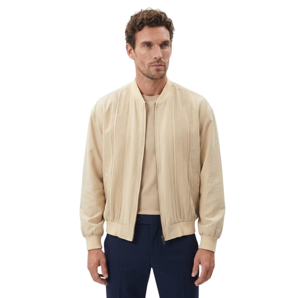Scandia Woods Mens XL Cream 100% Silk Pintuck Pleated Full Zip Bomber Jacket